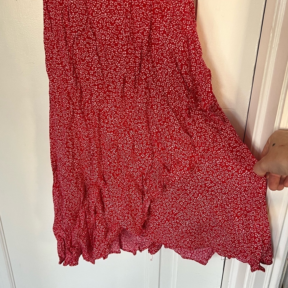 Red Floral Wrap Midi Dress Cottagecore Ruffle Sleeve Summer Size L/ M - Picture 3 of 10